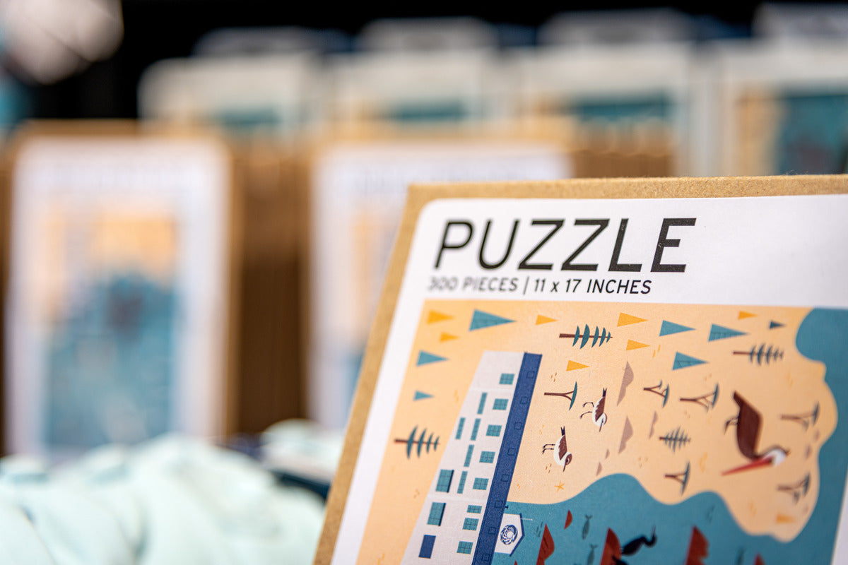 Upclose view of an illustrated Monterey Bay puzzle box