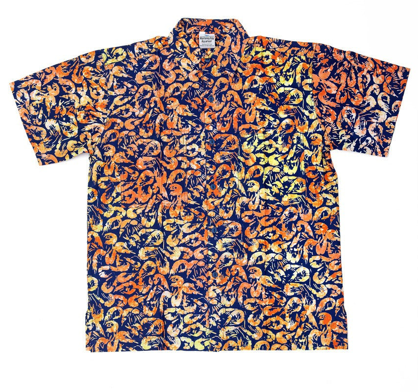 Short sleeve shrimp print button-down shirt