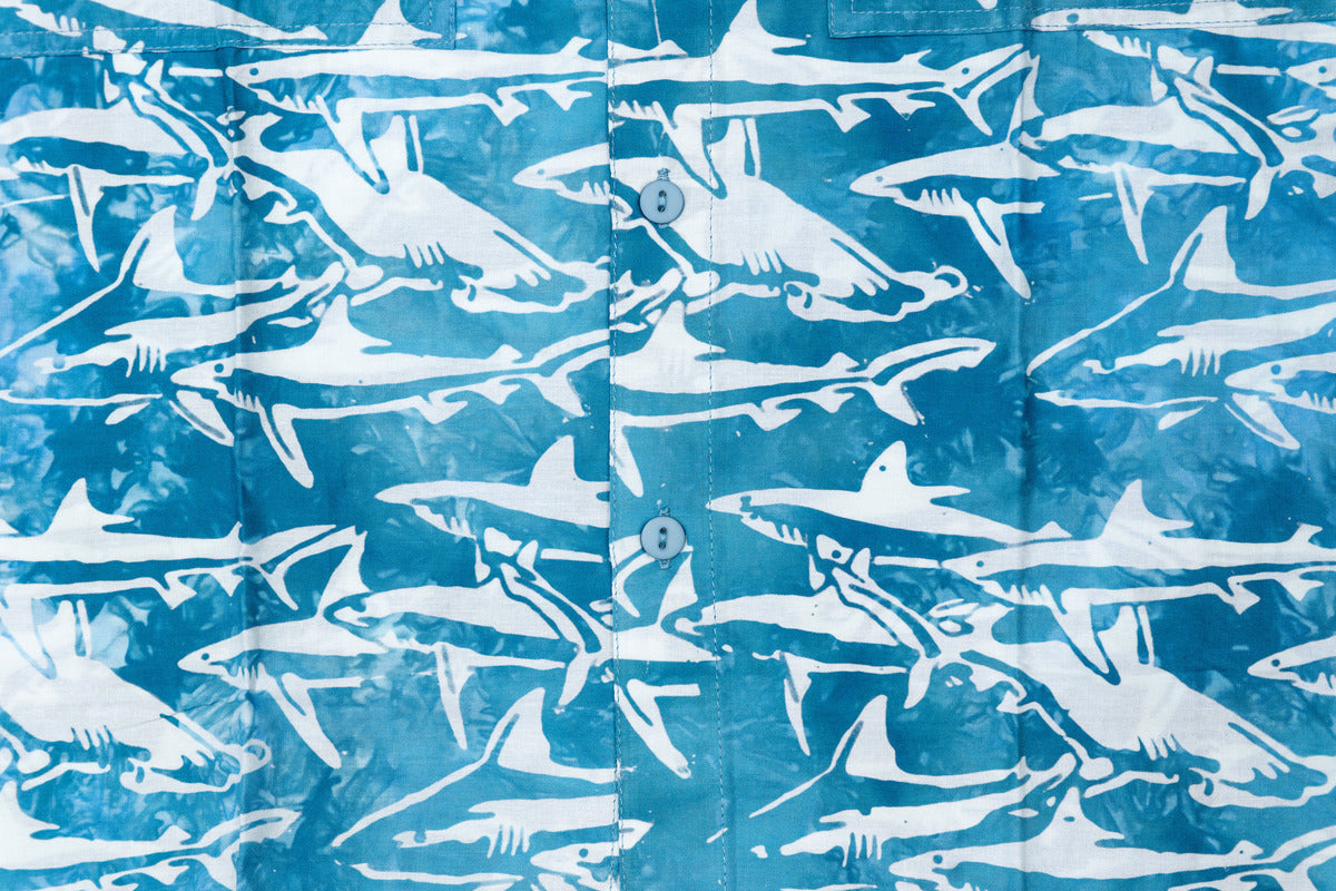 Short sleeve shark print button down shirt