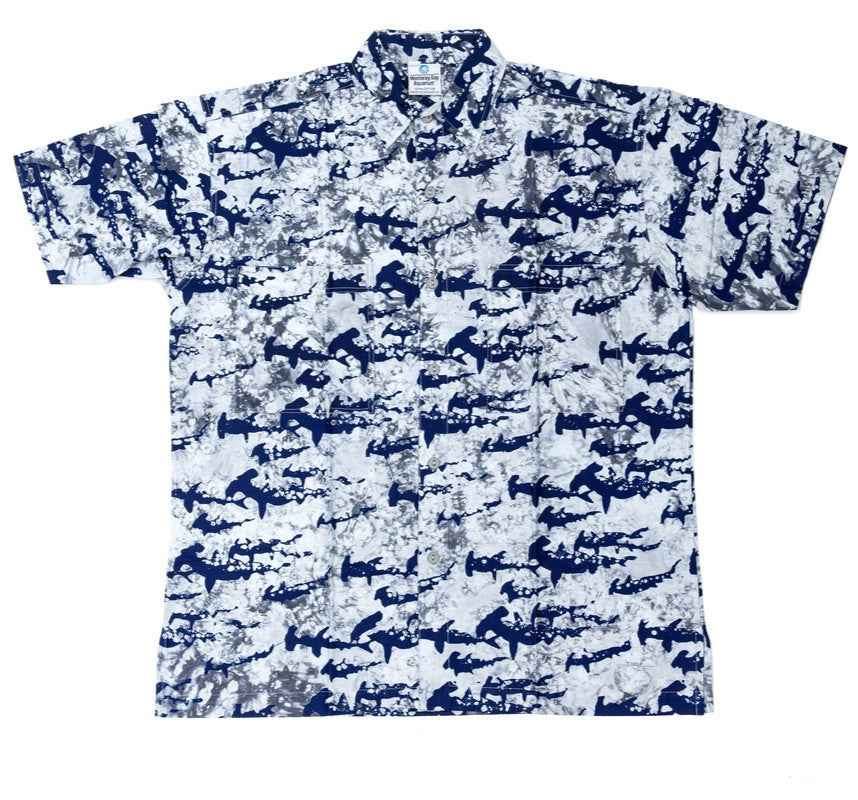 Short sleeve hammerhead shark print button-down shirt