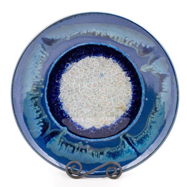 Ceramic plate with geode style fused glass blue XL