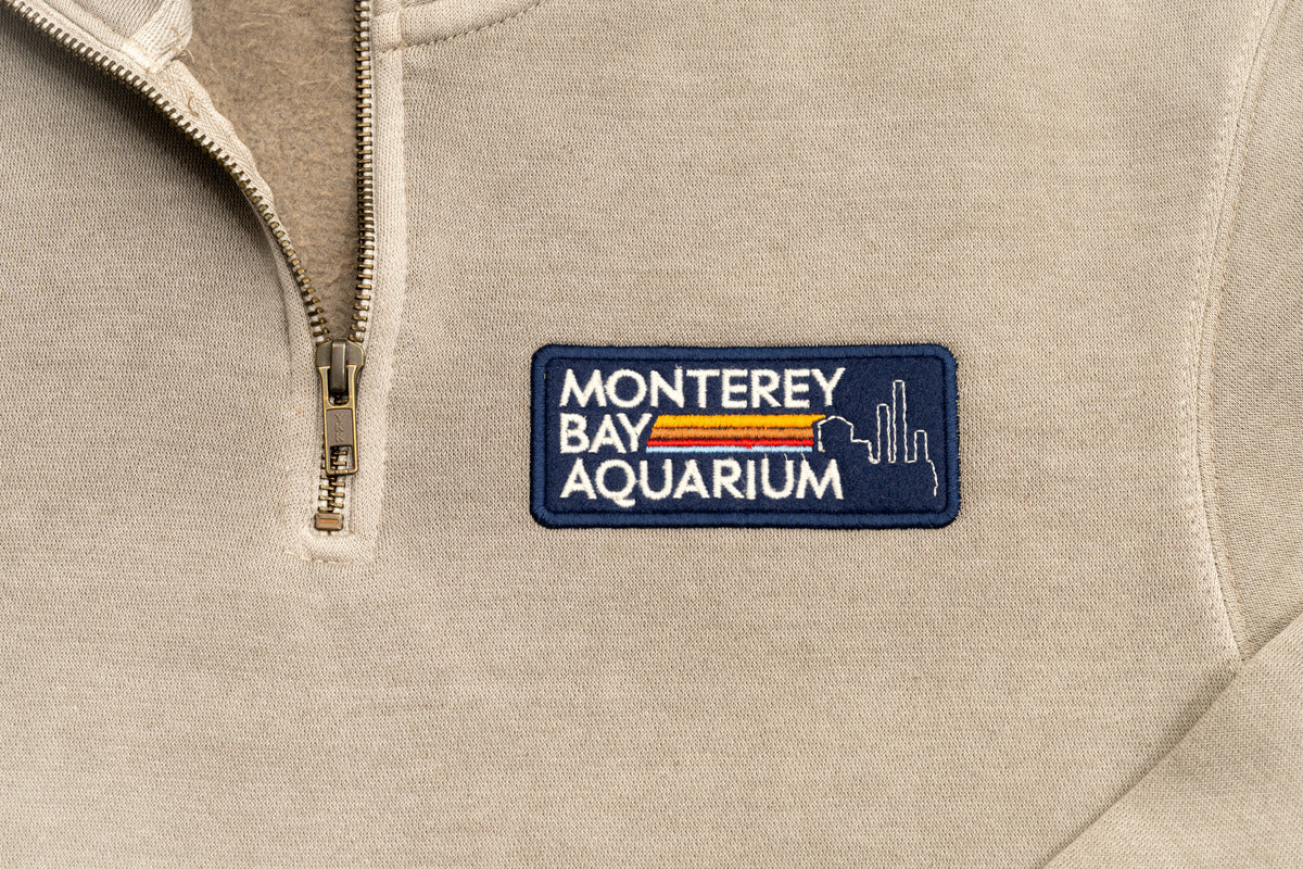 Cement gray adult ¼ zip collar pullover sweater with Aquarium retro patch