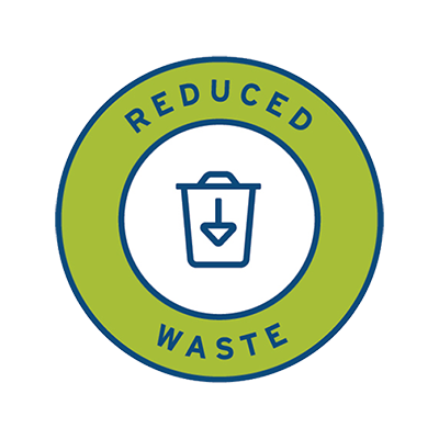 Green circle with a waste basket in the middle with an arrow going down on it with the words reduced waste