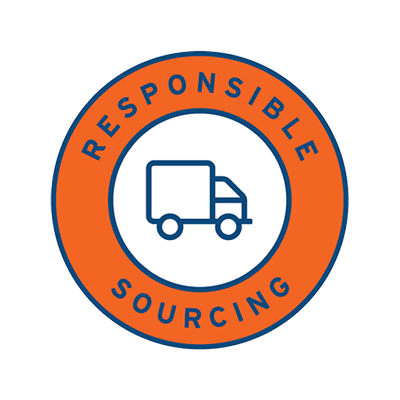 Orange circle with a truck in the middle and the words responsible sourcing
