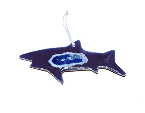Ceramic shark ornament with geode style fused glass