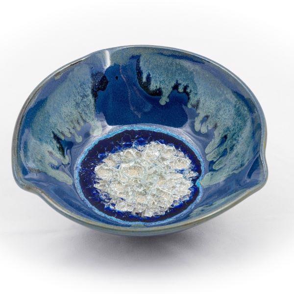 Ceramic bowl with geode style fused glass blue medium