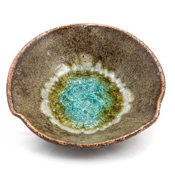 Ceramic bowl with geode style fused glass copper medium
