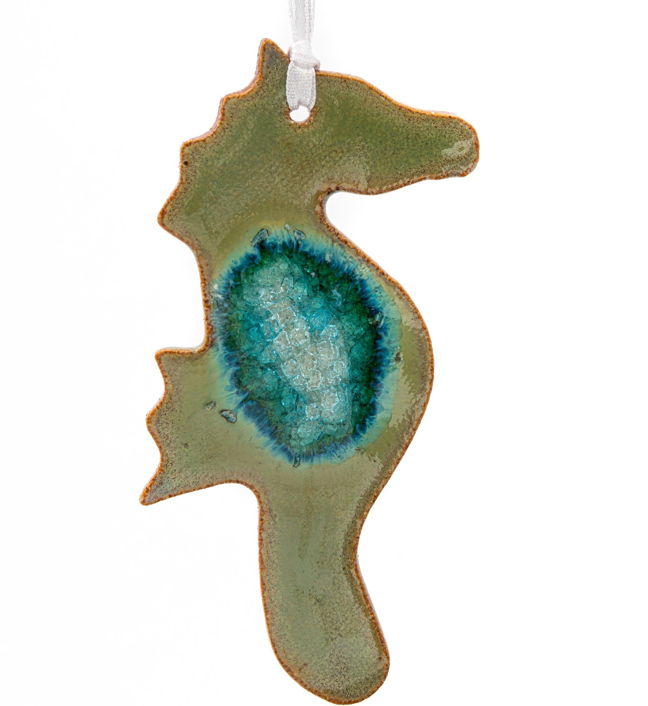 Ceramic seahorse ornament with geode style fused glass
