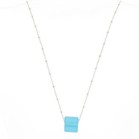 Glass cube necklace sterling aqua
