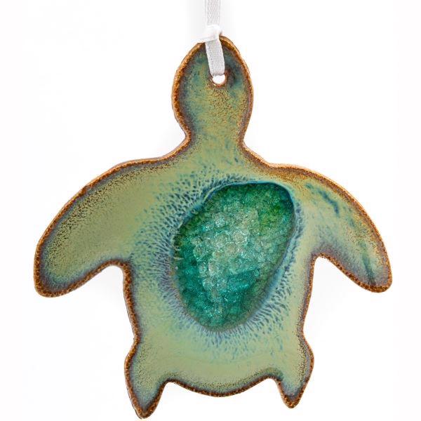Ceramic sea turtle ornament with geode style fused glass
