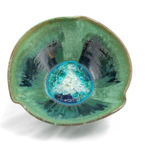 Ceramic bowl with geode style fused glass green small