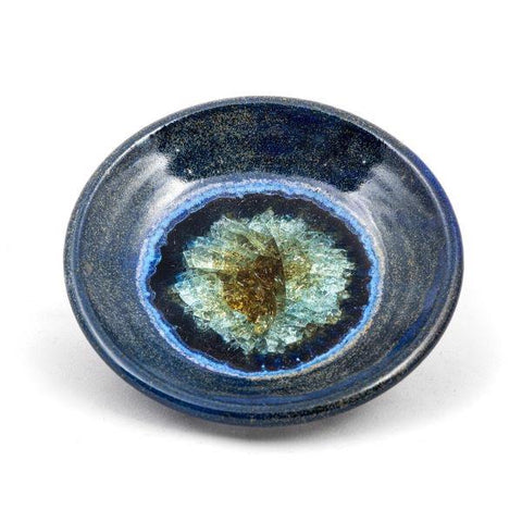 Ceramic dish with geode style fused glass blue