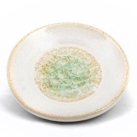 Ceramic dish with geode style fused glass white