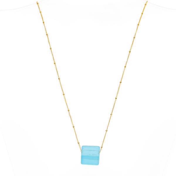Upcycled glass cube gold aqua necklace