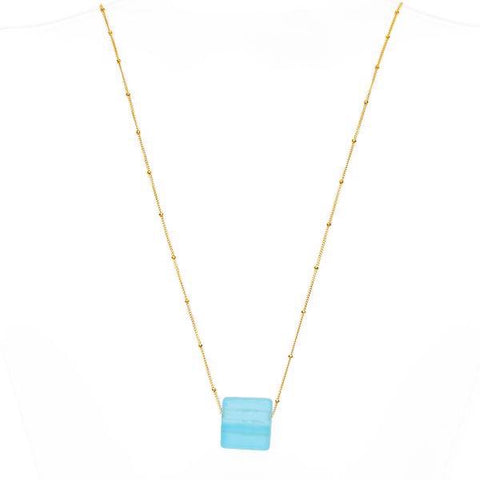 Upcycled glass cube gold aqua necklace